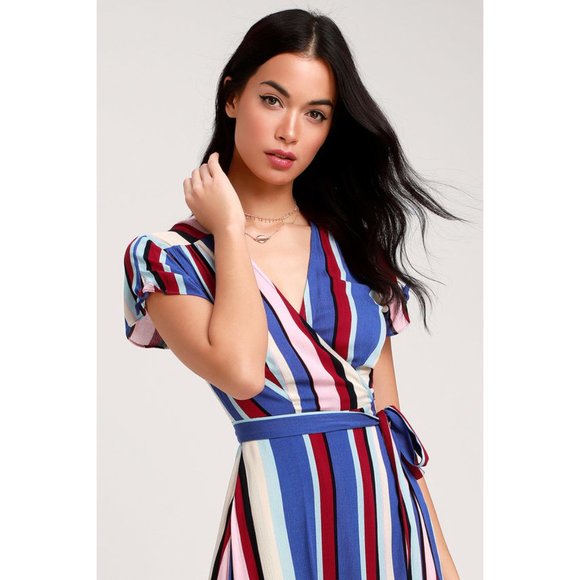 NWT Womens Size Small Lulu's Gesselie Blue Multi Stripe Midi Wrap Dress - Picture 2 of 4
